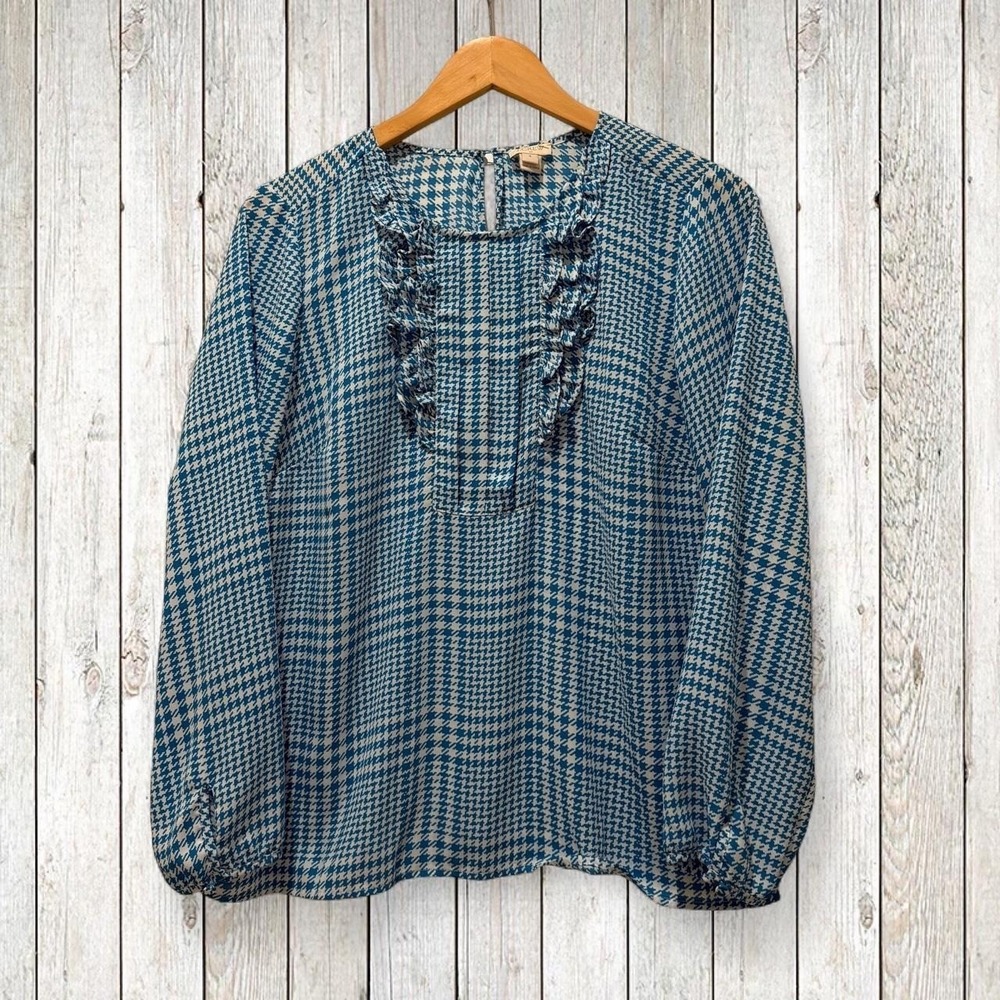 J.Crew Women's‎ Blue White Houndstooth Ruffle Bib Blouse Size 8 Long Sleeve Top